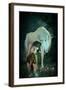 Girl Pond Fireflies & Unicorn-null-Framed Art Print