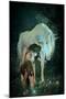 Girl Pond Fireflies & Unicorn-null-Mounted Art Print