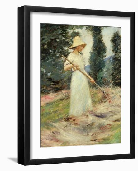 Girl Raking Hay, 1890 by Theodore Robinson-Theodore Robinson-Framed Giclee Print