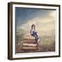 Girl Reading a Book on a Stack of Books-egal-Framed Photographic Print