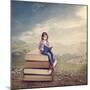 Girl Reading a Book on a Stack of Books-egal-Mounted Photographic Print