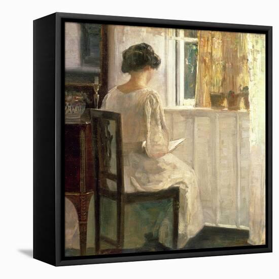 Girl Reading in a Sunlit Room-Carl Holsoe-Framed Stretched Canvas