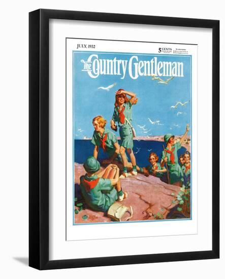 "Girl Scouts at Sea Shore," Country Gentleman Cover, July 1, 1932-Frank Bensing-Framed Premium Giclee Print