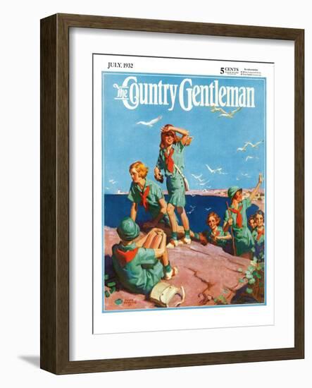 "Girl Scouts at Sea Shore," Country Gentleman Cover, July 1, 1932-Frank Bensing-Framed Giclee Print