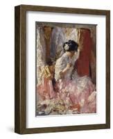 Girl Sewing (Elegantly Dressed Woman Sews in an Interior)-Antonio Mancini-Framed Art Print