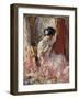 Girl Sewing (Elegantly Dressed Woman Sews in an Interior)-Antonio Mancini-Framed Art Print