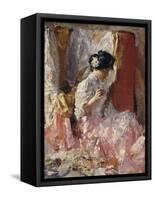 Girl Sewing (Elegantly Dressed Woman Sews in an Interior)-Antonio Mancini-Framed Stretched Canvas