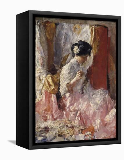 Girl Sewing (Elegantly Dressed Woman Sews in an Interior)-Antonio Mancini-Framed Stretched Canvas