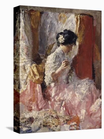 Girl Sewing (Elegantly Dressed Woman Sews in an Interior)-Antonio Mancini-Stretched Canvas