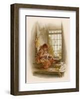 Girl Sits in a Window-Seat Mending Her Doll-M. Ellen Edwards-Framed Art Print