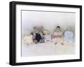 Girl Sitting Against Wall with Dolls and Teddy Bear-Nora Hernandez-Framed Giclee Print