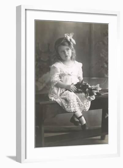 Girl Sitting on Table-null-Framed Art Print