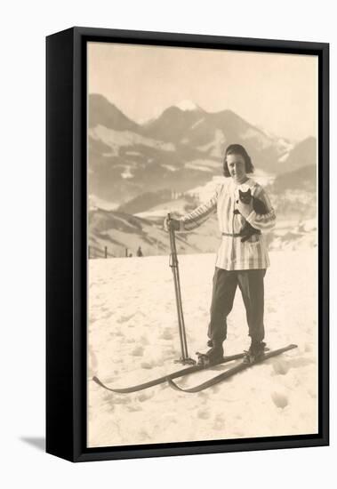 Girl Skiing with Cat-null-Framed Stretched Canvas