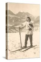 Girl Skiing with Cat-null-Stretched Canvas