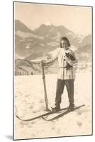 Girl Skiing with Cat-null-Mounted Art Print