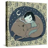 Girl Sleeps with Cat-Elena Barenbaum-Stretched Canvas