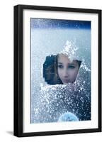 Girl Smiles Behind Frosted Window-Charles Bowman-Framed Photographic Print