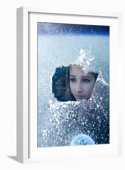 Girl Smiles Behind Frosted Window-Charles Bowman-Framed Photographic Print