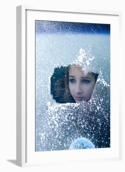 Girl Smiles Behind Frosted Window-Charles Bowman-Framed Photographic Print