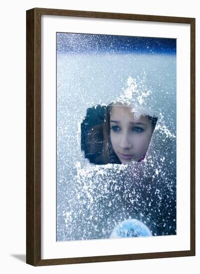 Girl Smiles Behind Frosted Window-Charles Bowman-Framed Photographic Print
