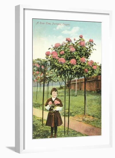 Girl Standing by Rose Trees, Portland, Oregon-null-Framed Art Print