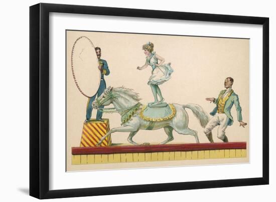 Girl Standing on the Back of a Grey Horse Prepares to Jump Through a Paper Hoop-null-Framed Art Print