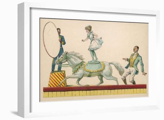 Girl Standing on the Back of a Grey Horse Prepares to Jump Through a Paper Hoop-null-Framed Art Print