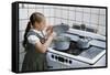 Girl Stirring Soup in Kitchen-William P. Gottlieb-Framed Stretched Canvas