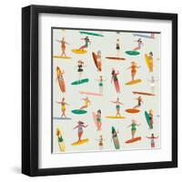 Girl Surfers in Bikinis - Beige Seamless Pattern-Tasiania-Framed Art Print