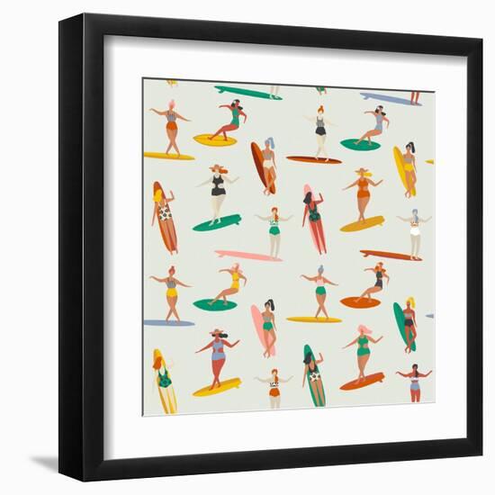Girl Surfers in Bikinis - Beige Seamless Pattern-Tasiania-Framed Art Print