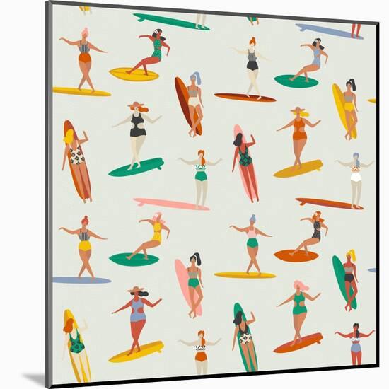 Girl Surfers in Bikinis - Beige Seamless Pattern-Tasiania-Mounted Art Print