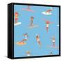 Girl Surfers in Bikinis - Blue Seamless Pattern-Tasiania-Framed Stretched Canvas