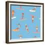 Girl Surfers in Bikinis - Blue Seamless Pattern-Tasiania-Framed Premium Giclee Print