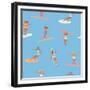 Girl Surfers in Bikinis - Blue Seamless Pattern-Tasiania-Framed Premium Giclee Print