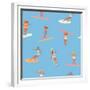 Girl Surfers in Bikinis - Blue Seamless Pattern-Tasiania-Framed Premium Giclee Print