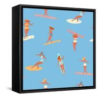 Girl Surfers in Bikinis - Blue Seamless Pattern-Tasiania-Framed Stretched Canvas