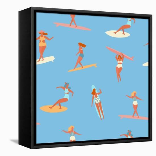 Girl Surfers in Bikinis - Blue Seamless Pattern-Tasiania-Framed Stretched Canvas