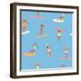 Girl Surfers in Bikinis - Blue Seamless Pattern-Tasiania-Framed Art Print