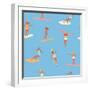 Girl Surfers in Bikinis - Blue Seamless Pattern-Tasiania-Framed Art Print