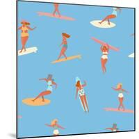 Girl Surfers in Bikinis - Blue Seamless Pattern-Tasiania-Mounted Art Print