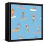 Girl Surfers in Bikinis - Blue Seamless Pattern-Tasiania-Framed Stretched Canvas