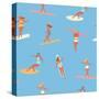 Girl Surfers in Bikinis - Blue Seamless Pattern-Tasiania-Stretched Canvas