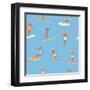 Girl Surfers in Bikinis - Blue Seamless Pattern-Tasiania-Framed Art Print