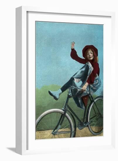 Girl Trick Riding on Bicycle-null-Framed Art Print