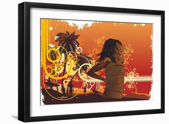 Girl,Tropical Island, Palm Trees On A Beach-gudron-Framed Art Print