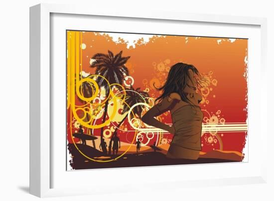 Girl,Tropical Island, Palm Trees On A Beach-gudron-Framed Art Print