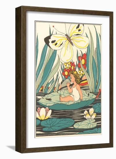 Girl Waking on Floating Leaf-null-Framed Art Print