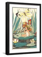 Girl Waking on Floating Leaf-null-Framed Art Print