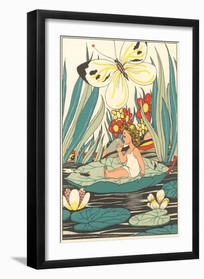 Girl Waking on Floating Leaf-null-Framed Art Print