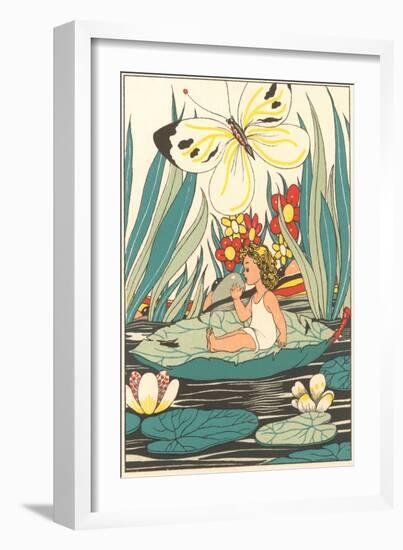 Girl Waking on Floating Leaf-null-Framed Art Print